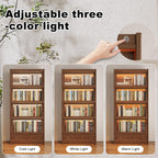 AQIMUELE Solid Wood Bookcase - 5-Tier Book case with 3 Color LED, 73.5" H x 32" W Tall Bookshelf with Clear Glass Doors and Storage Display Case Cabinet for Living Room