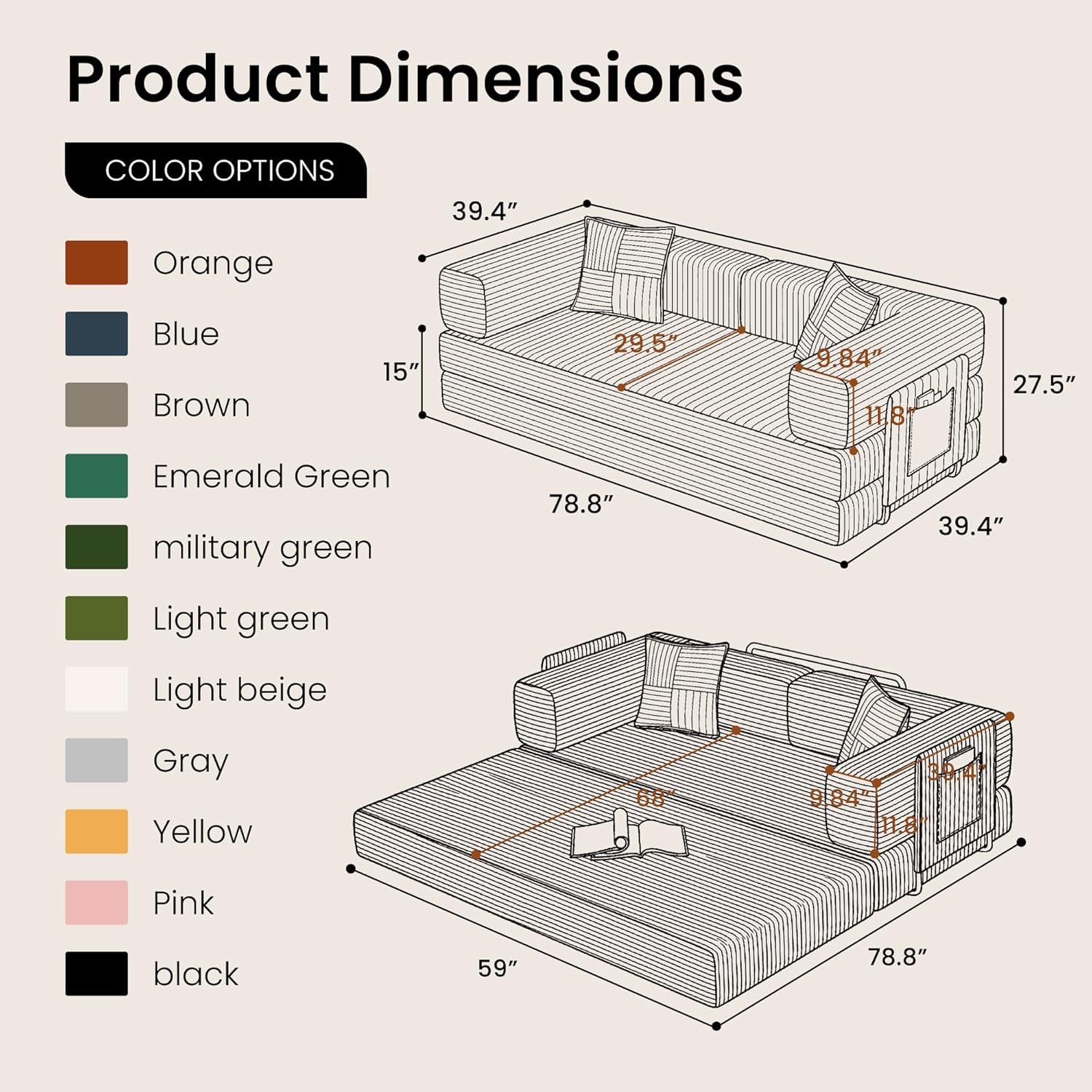 Belhome 78.8" Convertible Sofa Bed, Futon Sofa Bed with Side Pocket, Corduroy Pull Out Futon Sofa, Boneless Couch for Living Rooms,No Assembly Required, Yellow