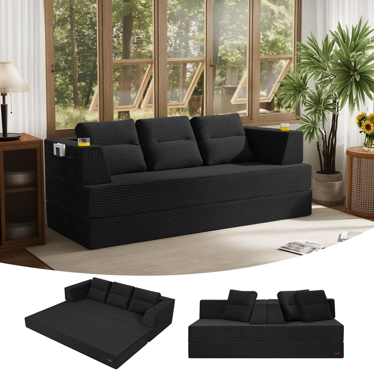 COMAX Futon Sofa Bed Queen, 79" Convertible Sofa Bed Couches for Living Room, 4 in 1 Folding Boneless Sleeper Corduroy Couch Loveseat Foam In a Box, Comfy Foldable Lounge Fold Out Floor Mattress Black