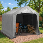 VINGLI Outdoor Portable Storage Shed, Heavy Duty Bike Tent with Roll-up Zipper Door, Waterproof and UV Resistent Carport for Motorcycle, Garden Tools and Firewood (Gray, 8x12x6.8 FT)