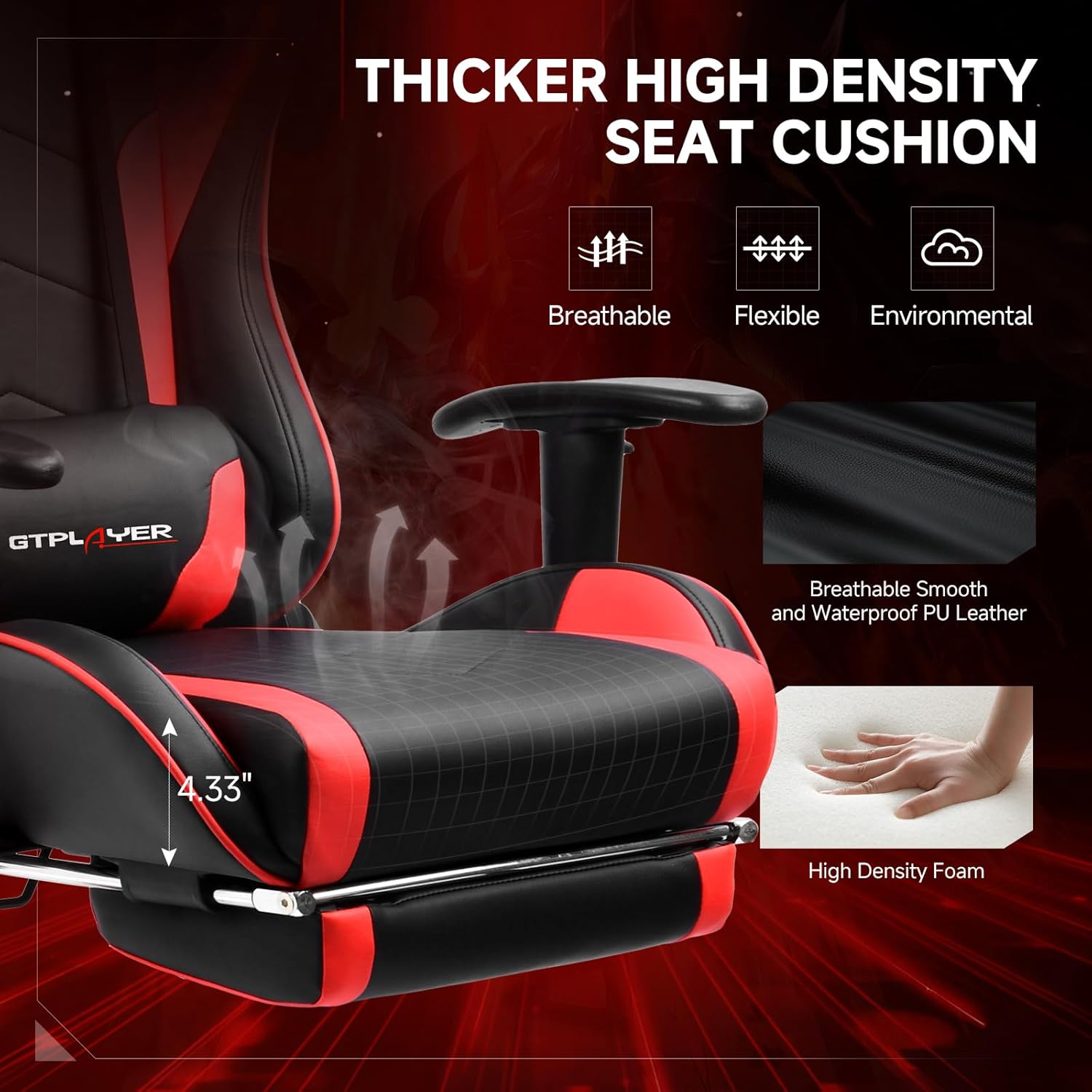 GTPLAYER Gaming Chair,Gamer Chair with Bluetooth and Adjustable Backrest,Seat Height Adjustable Computer Chairs with 3D Armrests,Video Game Chair with Footrest Speakers (Red)