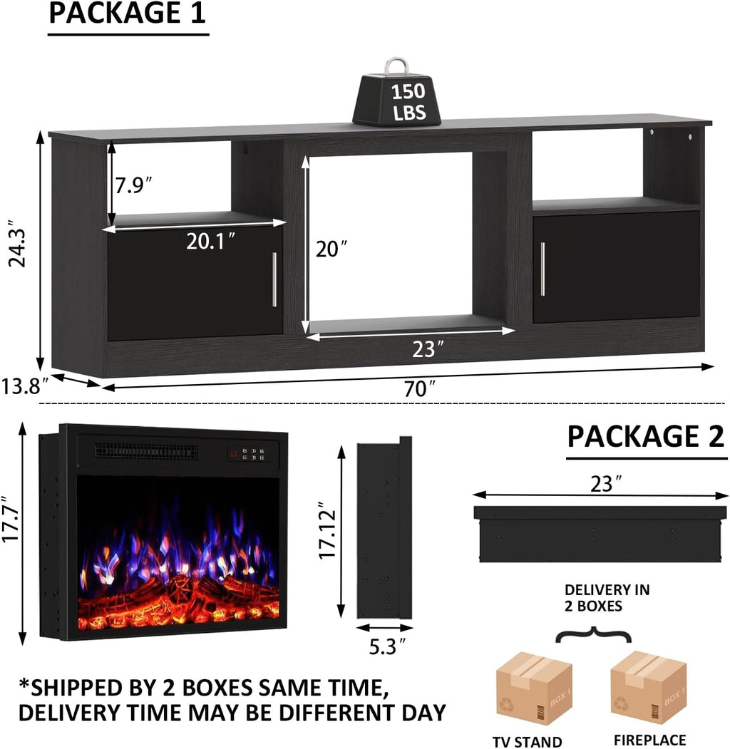 70" Fireplace TV Stand with 23" Electric Fireplace for TVs Up to 80 inch, Modern LED Light Entertainment Center with High Gloss Storage Cabinet, Media TV Consoles for Living Room (Black, 70")