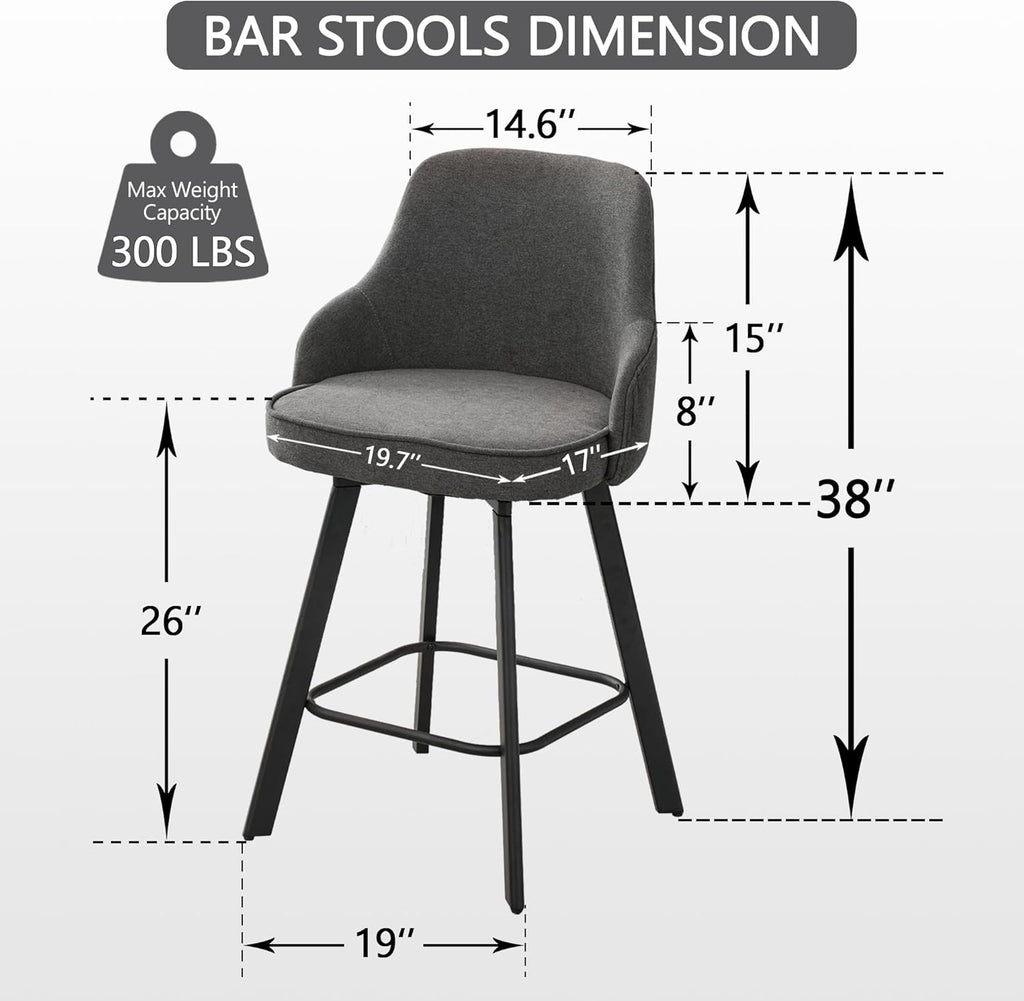 Bar Stools Set of 3, 26" Swivel Counter Height Bar Stools with High Back, Linen Kitchen Barstools Counter Height for Kitchen Island (Dark Grey, 3PCS 26" Counter Stools)