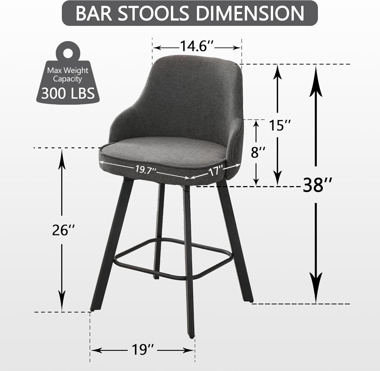 Bar Stools Set of 3, 26" Swivel Counter Height Bar Stools with High Back, Linen Kitchen Barstools Counter Height for Kitchen Island (Dark Grey, 3PCS 26" Counter Stools)