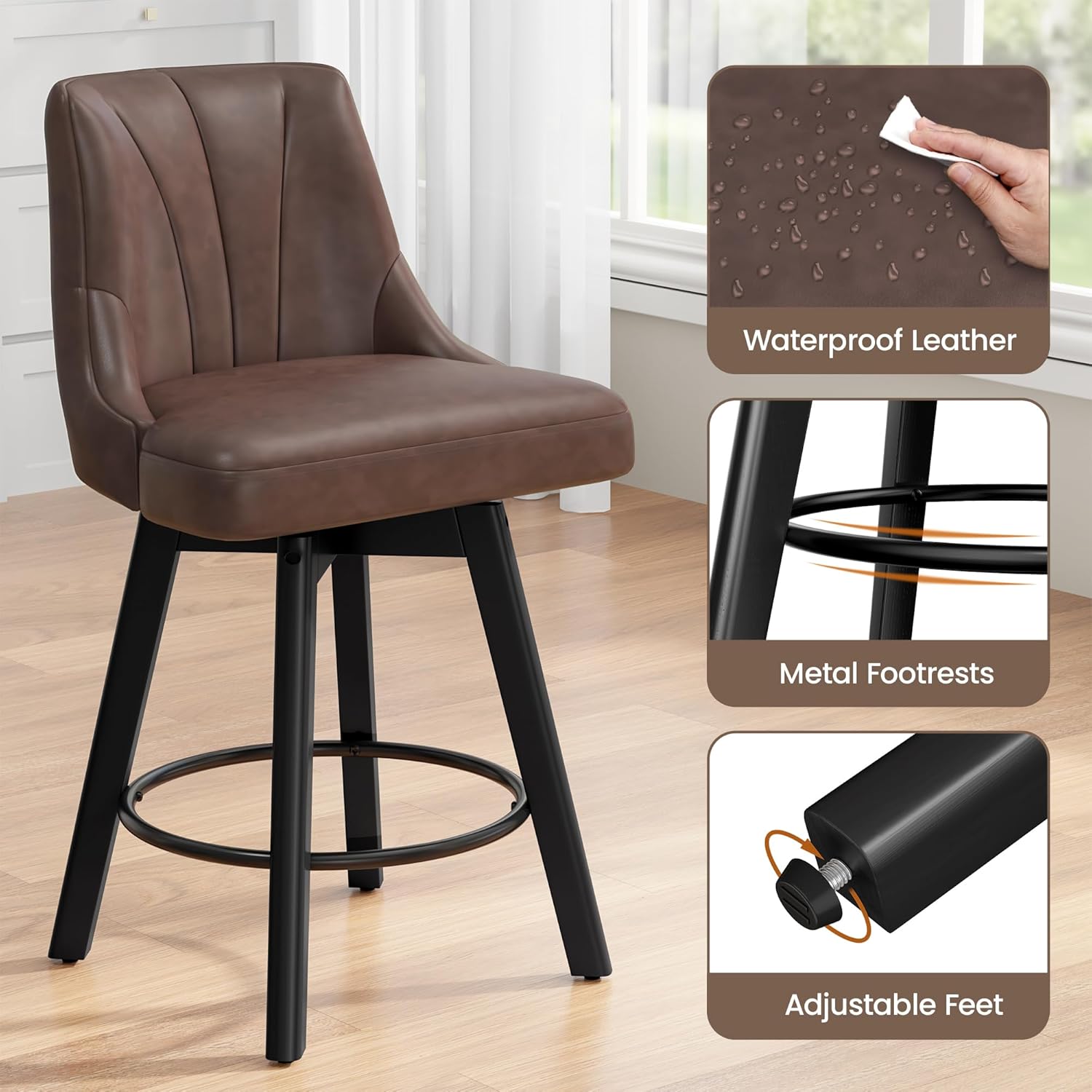Counter Height Swivel Bar Stool, 24" Upholstered PU Leather Barstools Set of 4, Counter Stool Chair with Back & Solid Wood Legs for Kitchen Island Dining Room (Brown)