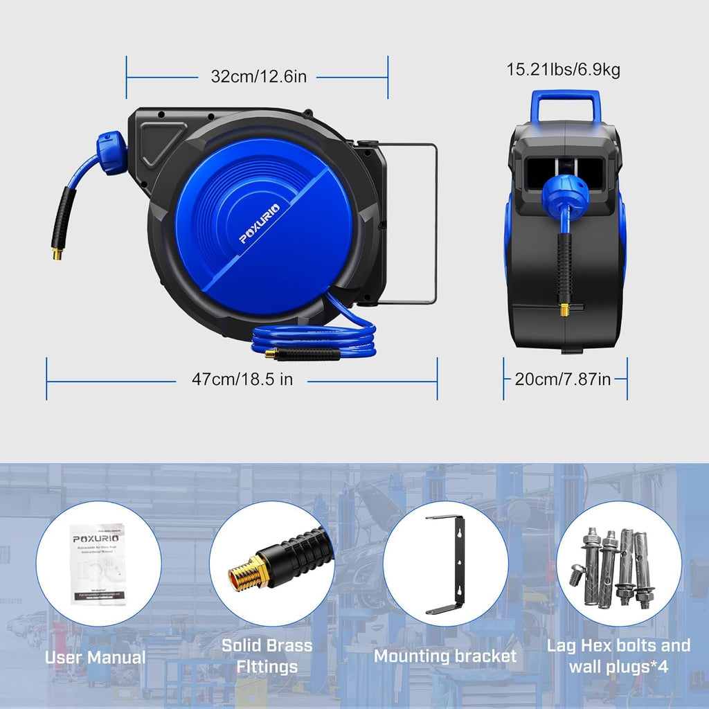 80FT+6.5FT Retractable Air Hose Reel, 3/8" Hybrid Air Hose, Air Compressor Hose Reel with Max 300 PSI Patented Design, Retractable Auto-Rewind Enclosed Heavy Duty 180° Swivel Mount