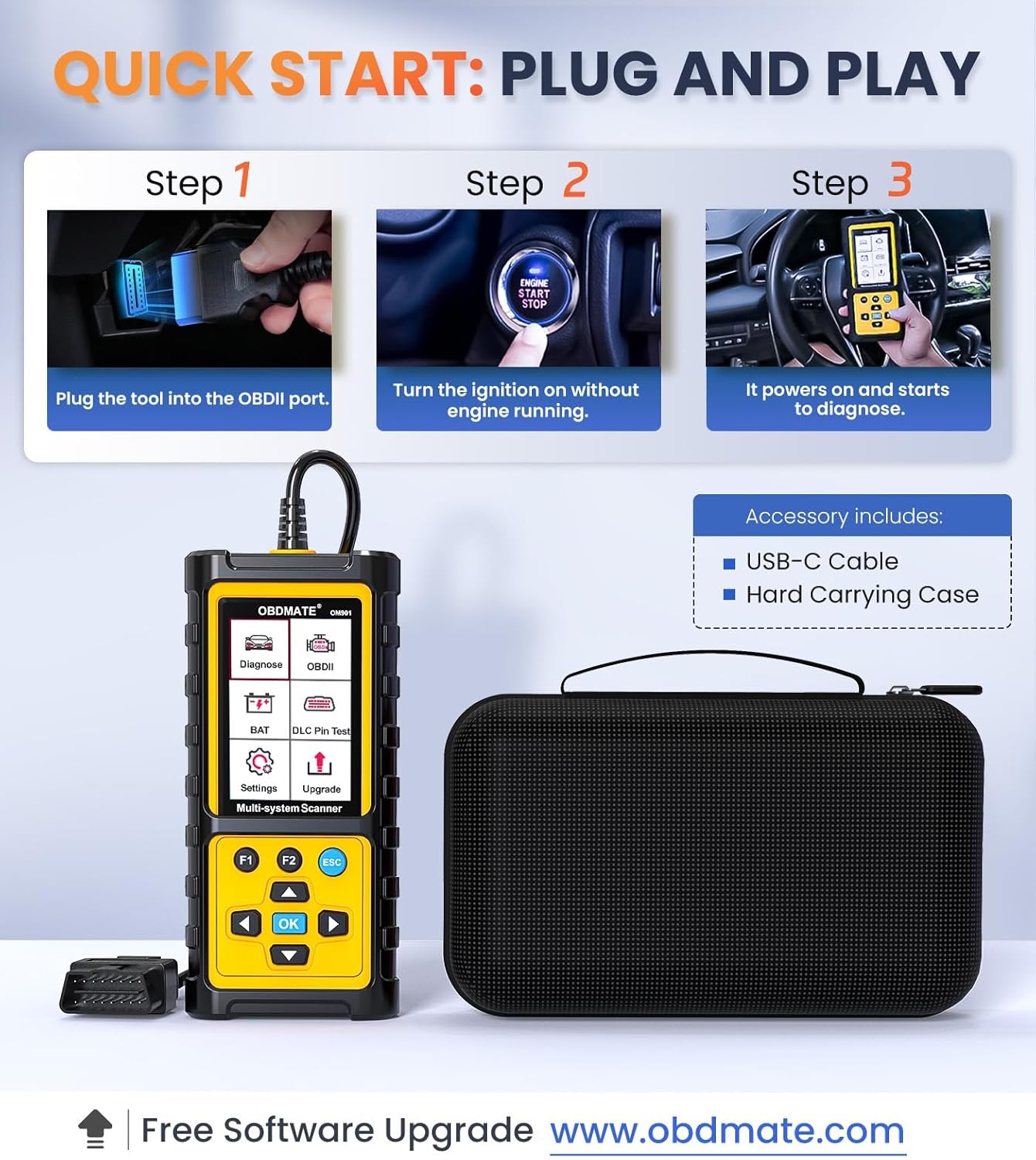 OBD2 Scanner with ABS SRS Transmission, Reset Fault Lights | Check Engine Code Reader with Full OBDII Functions | DLC Pin Test | Battery Voltage Check, Car Diagnostic Tool