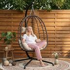LEX CRAFT Hanging Egg Chair with Stand, Swinging Egg Chair Outdoor Indoor, Hanging Basket Chair with Cushion, Patio Wicker Hammock Chair 350lbs Capacity for Porch, Balcony, Backyard, Garden (Beige1)