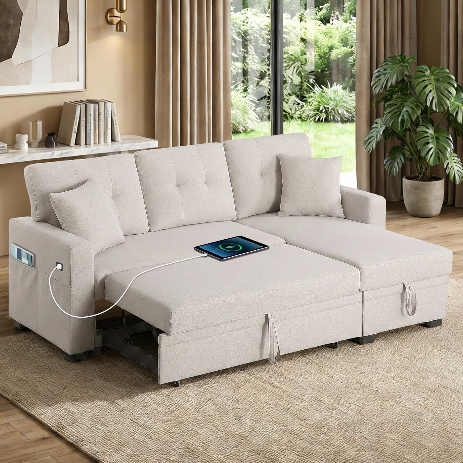 82" L Shaped Sleeper Sofa Bed: Sectional Sleeper Couch with Pull Out Bed, Storage Chaise, USB Charging, 3 Seat Sectional Sofa Bed with Throw Pillow for Living Room (Linen Fabric, Beige)