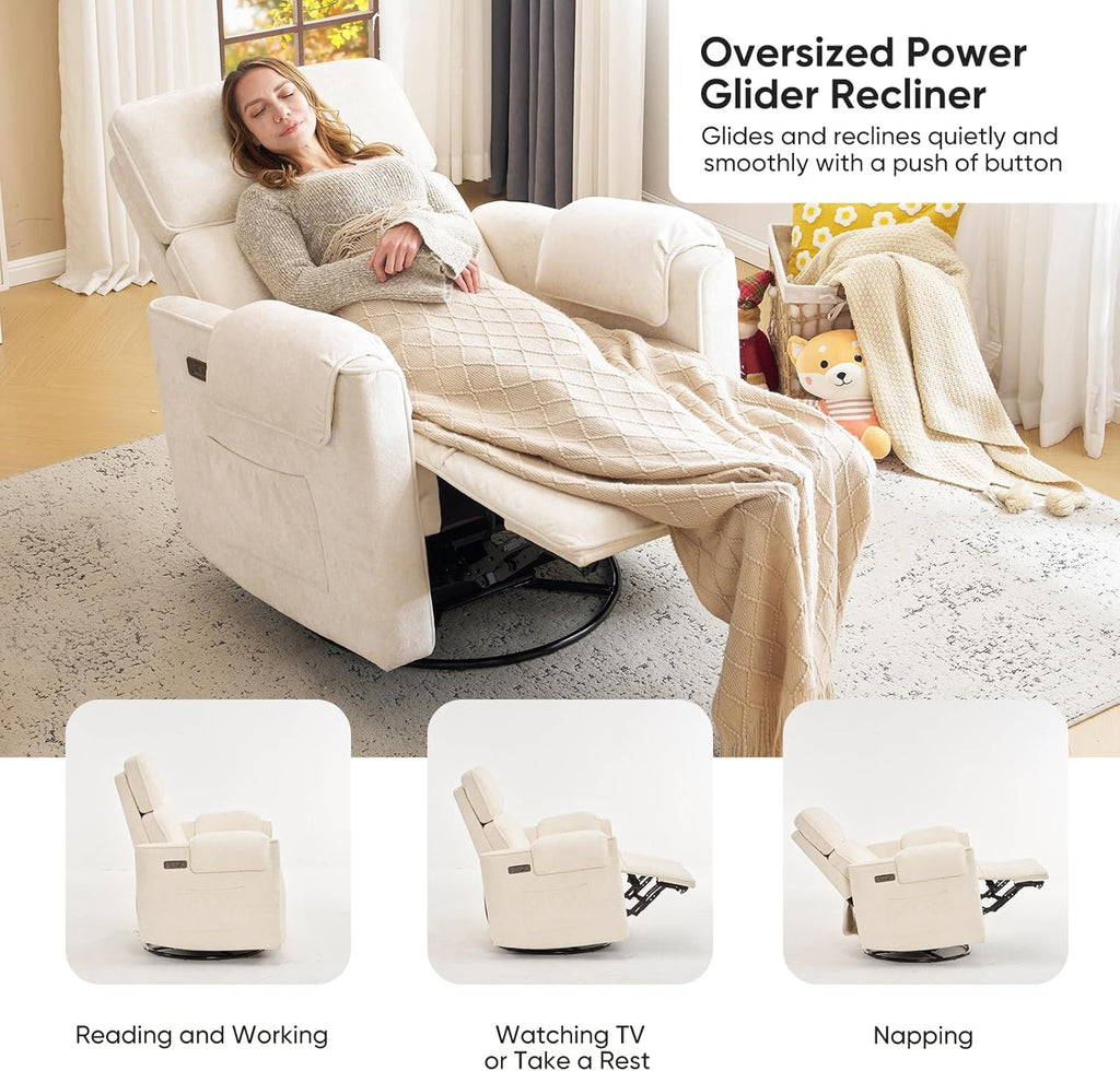 Oversized Power Recliner Chair, 26" Extra Wide Swivel Rocker Recliner with Adjustable Headrest, Chenille Glider Rocking Nursery Chair with Overstuffed Armrest, USB Ports, Cream