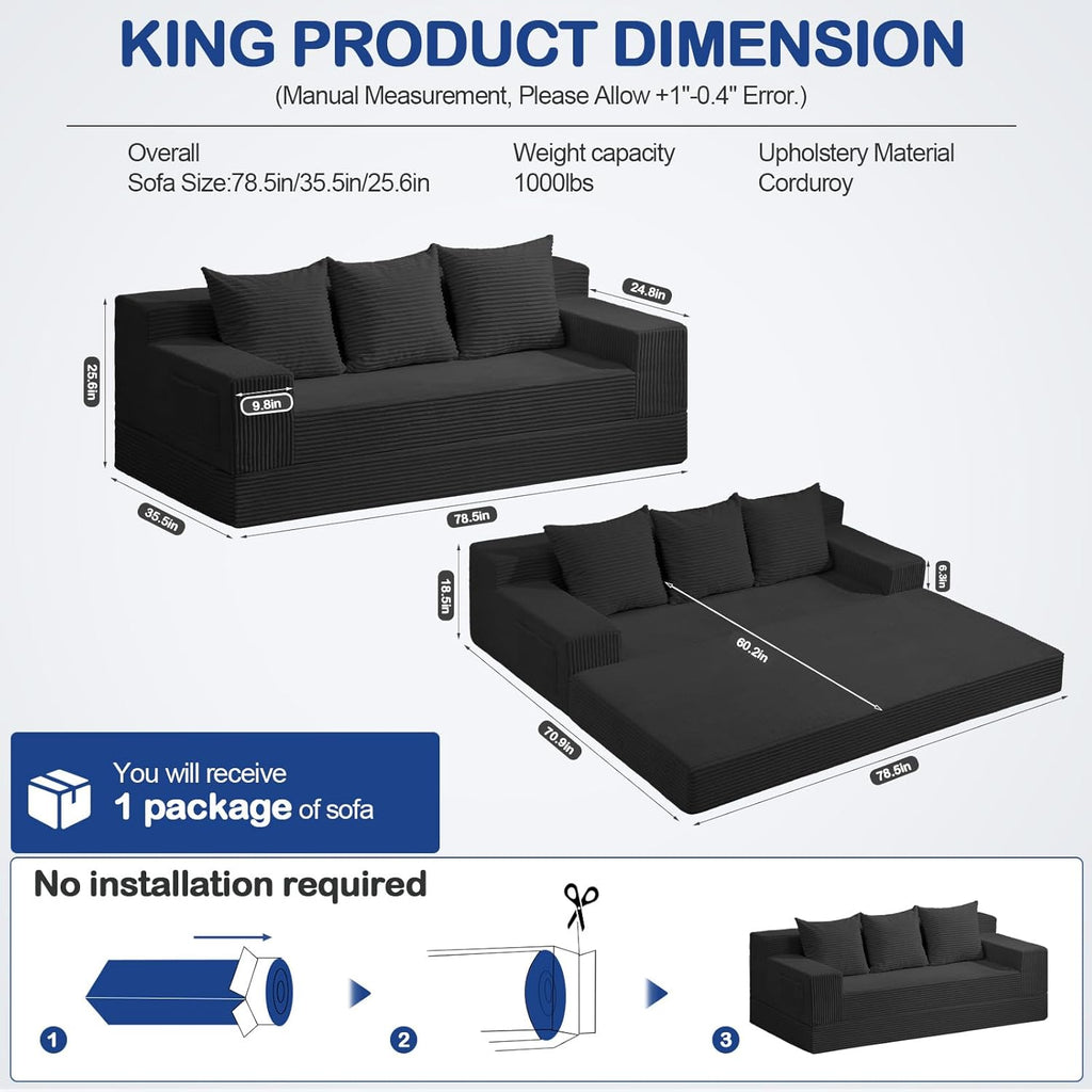 2 in 1 Convertible Boneless Couch Bed, Corduroy futon Sofa Bed, Compression Folding Floor Couch Sofas Bed with 3 Pillows for Bedroom, Small Space Guest and Living Room Sofa (Black, 78 Inches)