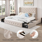 LARMACE King Size Bed Frame with 4 Storage Drawers and Tufted Headboard Linen Upholstered Platform Bed Frame Wingback Beds with Wooden Slats Support, Easy Assembly, Beige