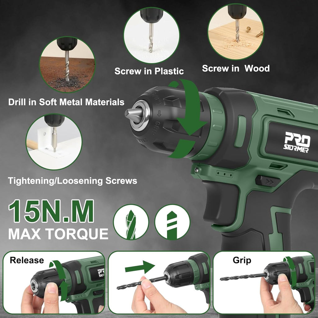 Prostormer Tool Set with 8V Cordless Drill, 369-Piece Home Tool Kit with Drill Driver, Toolbox Storage Case with Drawer, General Household Tools for Home Repairs and DIY, Handyman (Green)