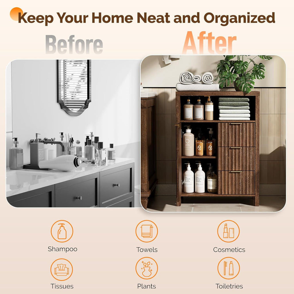 VINGLI Bathroom Floor Storage Cabinet with 3 Drawers, Modern 32" Freestanding Short Storage Organizer with Fluted Door & Adjustable Shelf, 12 Inch Deep Walnut Wooden Console for Small Space