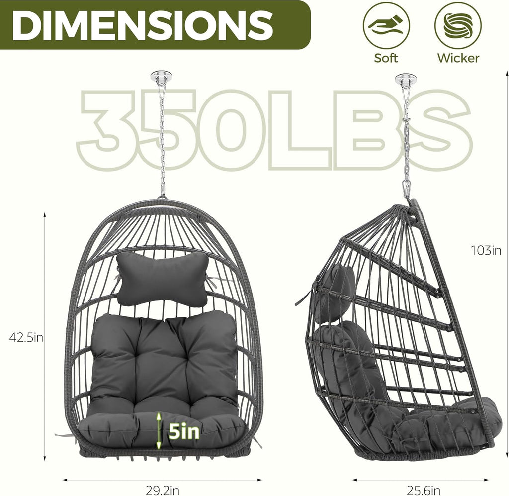 RADIATA Foldable Hanging Egg Swing Chair No Stand, Indoor Outdoor Wicker Basket Chair with Comfy Cushion, 350Lbs Durable Portable Hanging Hammock Seat for Bedroom Patio Porch Balcony, Dark Grey