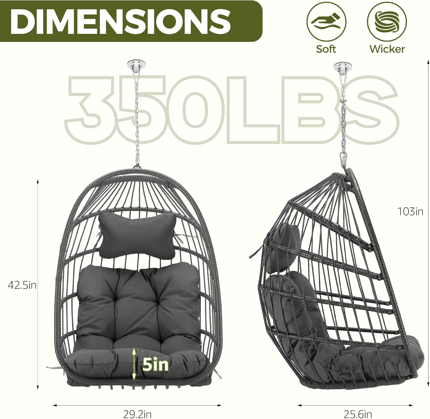 RADIATA Outdoor Egg Chair Without Stand, Foldable Durable Rattan Wicker Hanging Swing Basket, 350 Lbs Heavy-Duty Hammock Chair with Cushion for Patio Balcony Garden Ceiling or Tree Mount, Dark Gray