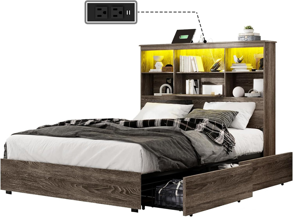 King Size Bed Frame with LED Bookcase Headboard, Wooden Storage Bed with Charging Station & 4 Drawers, No Box Spring Needed/Noise-Free/Rustic Grey