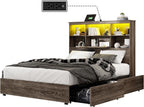 King Size Bed Frame with LED Bookcase Headboard, Wooden Storage Bed with Charging Station & 4 Drawers, No Box Spring Needed/Noise-Free/Rustic Grey