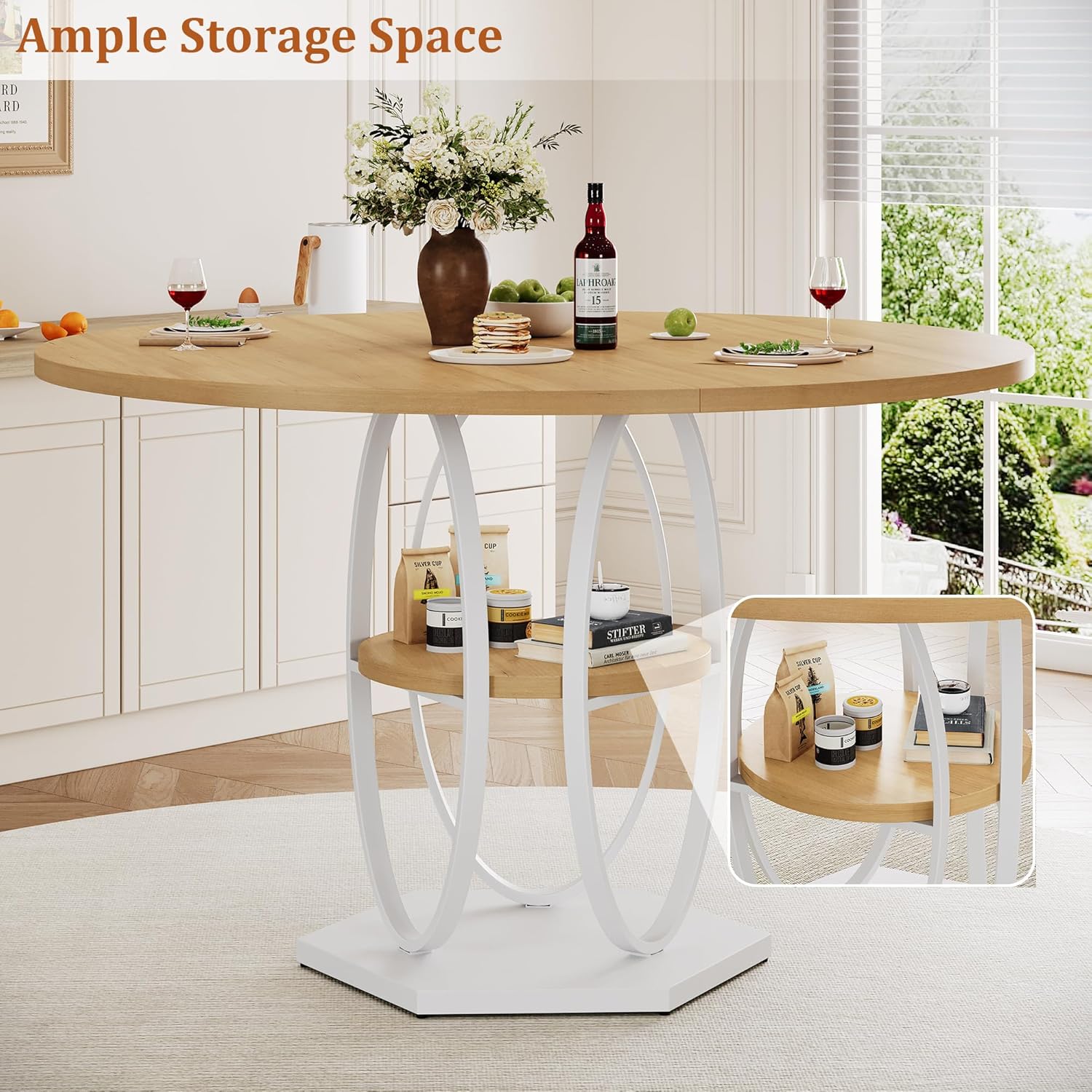 47.2" Round Dining Table for 4-6, Circle Kitchen Table with Open Storage Shelf, Modern Wooden Dinner Table with Metal Pedestal Base, Dining Room Tables for Kitchen Small Space, Natural Wood