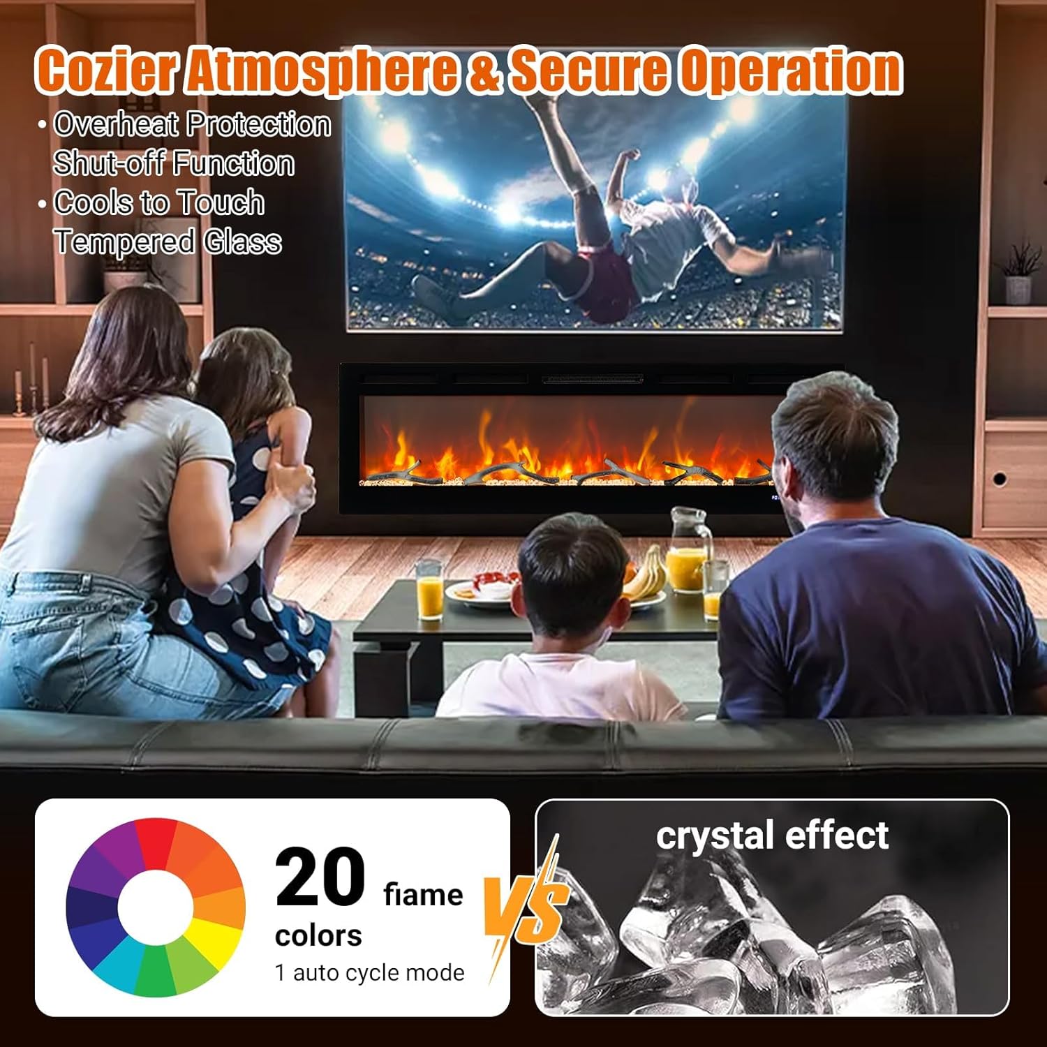 60 in Electric Fireplace, Recessed/Wall Mounted Linear Fireplace with WiFi & Remote Control, Multicolor Flame Effect, 750W/1500W Heating, Includes Log & Crystal Decor, Black