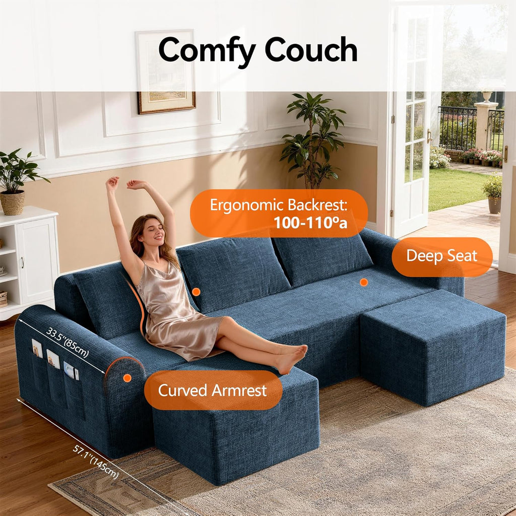 86.6" Cloud Boneless Sectional Sofa with Ottoman, L-Shaped Modular Couch for Living Room, Ultra Deep Seat Chenille Fabric Sofa, No Assembly Required, Blue