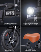 Bopzin 1000W Electric Bike for Adults 48V 15Ah Removable Battery Ebike 20" x 4.0 - 1000W