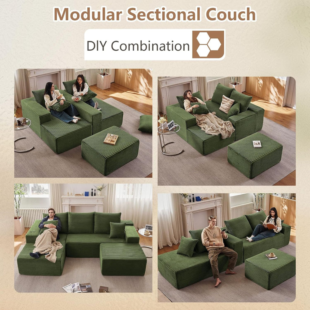 107" Modular Sectional Sofa with Ottoman, Modern Corduroy Cloud Couch with Deep Seat, Boneless Couch Upholstered 3-Seater U-Shaped Sofa for Living Room, No Assembly (Green, Left-Facing Chaise)