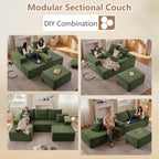 107" Modular Sectional Sofa with Ottoman, Modern Corduroy Cloud Couch with Deep Seat, Boneless Couch Upholstered 3-Seater U-Shaped Sofa for Living Room, No Assembly (Green, Left-Facing Chaise)