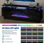 PUKAMI 70" Fireplace TV Stand, LED Light Entertainment Center with 36" Electric Fireplace, 2 Tier Modern Wood Media TV Console with Highlight Storage Cabinet for Living Room, Black