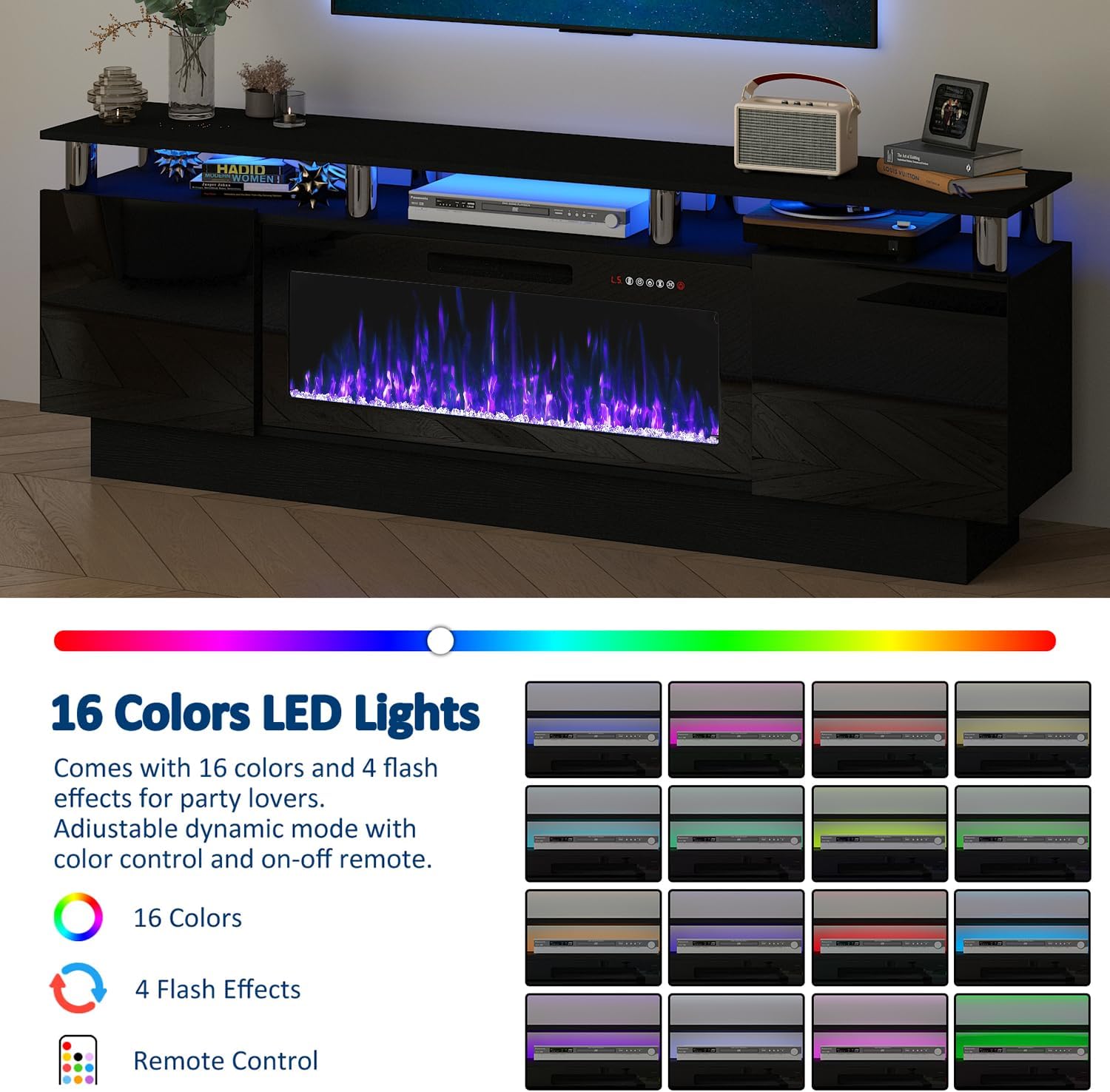 PUKAMI 70" Fireplace TV Stand, LED Light Entertainment Center with 36" Electric Fireplace, 2 Tier Modern Wood Media TV Console with Highlight Storage Cabinet for Living Room, Black
