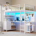 Twin Size Loft Bed with L-Shaped Gaming Desk, Storage Drawers, Glass Cabinet & Hutch, Twin Loft Bed with Smart LED Lights & Power Outlets, Metal Bed Frame with Safety Guardrail & Ladder for Kids/Teens