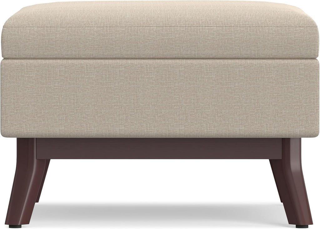 SIMPLIHOME Owen Coffee Table Storage Ottoman - 34 inch Wide Upholstered Linen Look Fabric Rectangular Lift-Top Ottoman in Natural, Mid-Century Modern Bench for Living Room with Tapered Legs