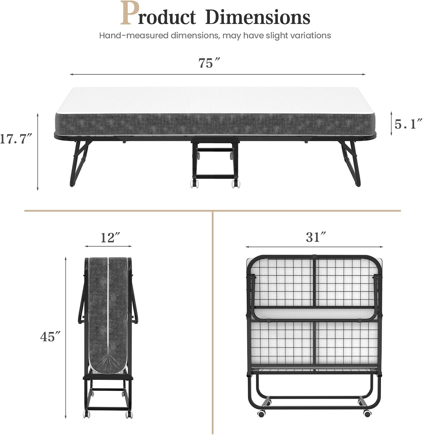 75''x31'' Folding Guest Bed for Adults, Foldable Rollaway Bed with Memory Foam Mattress & Sturdy Fold Up Metal Frame for Bedroom, Office, Apartments, Space-Saving Design for Easy Storage