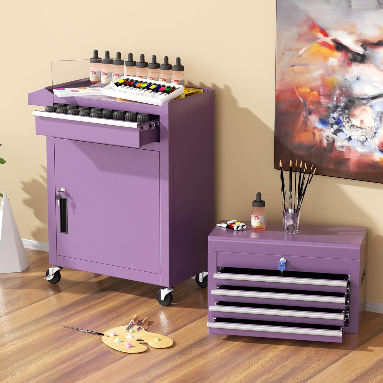INTERGREAT Purple Tool Chest, 5-Drawer Rolling Storage Cabinet, Detachable Top Tool Box - Lockable Wheels, Garage & Workshop Barbershop Tool Cart