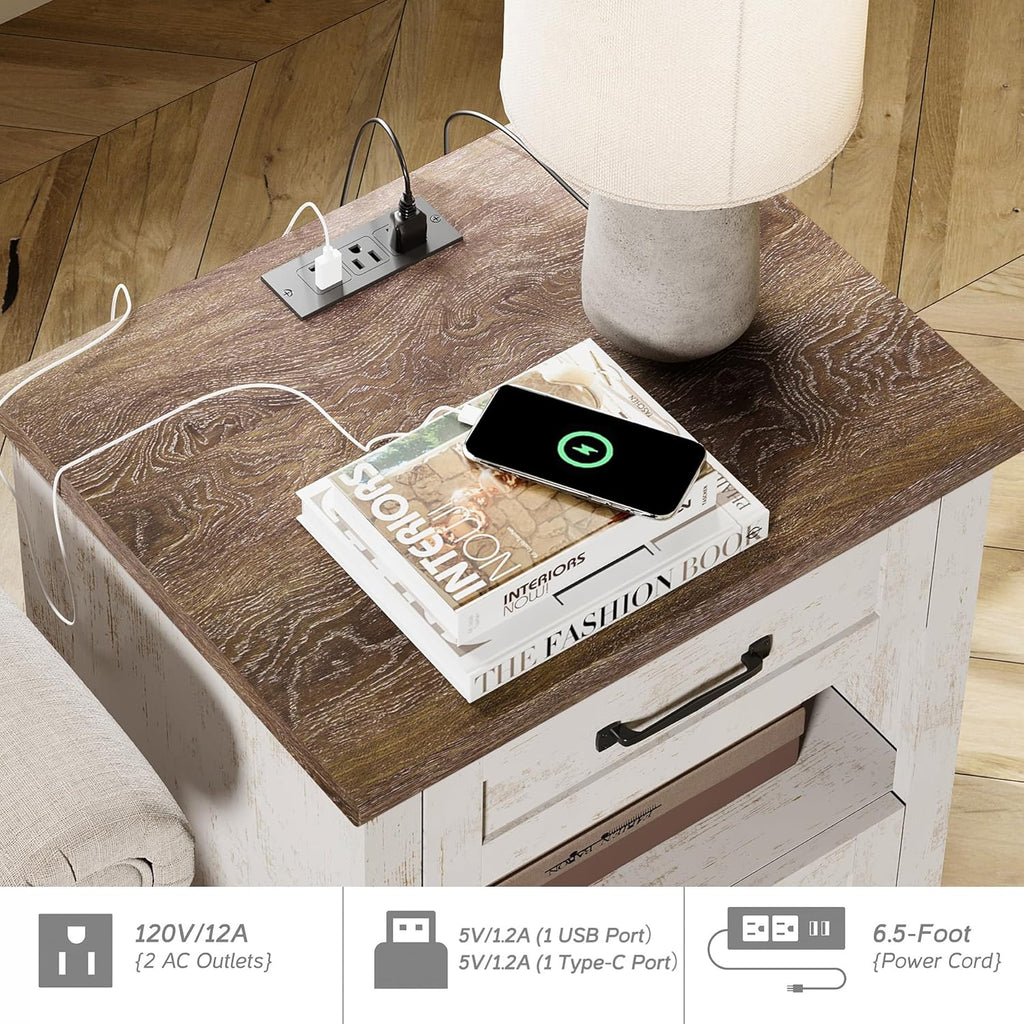 WAMPAT Farmhouse End Table Nightstand with Charging Station, Small Side Table with 2 Drawers & Shelf for Living Room, Light Wood Night Stand Bedside Table for Bedroom, Antique White
