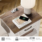 WAMPAT Farmhouse End Table Nightstand with Charging Station, Small Side Table with 2 Drawers & Shelf for Living Room, Light Wood Night Stand Bedside Table for Bedroom, Antique White
