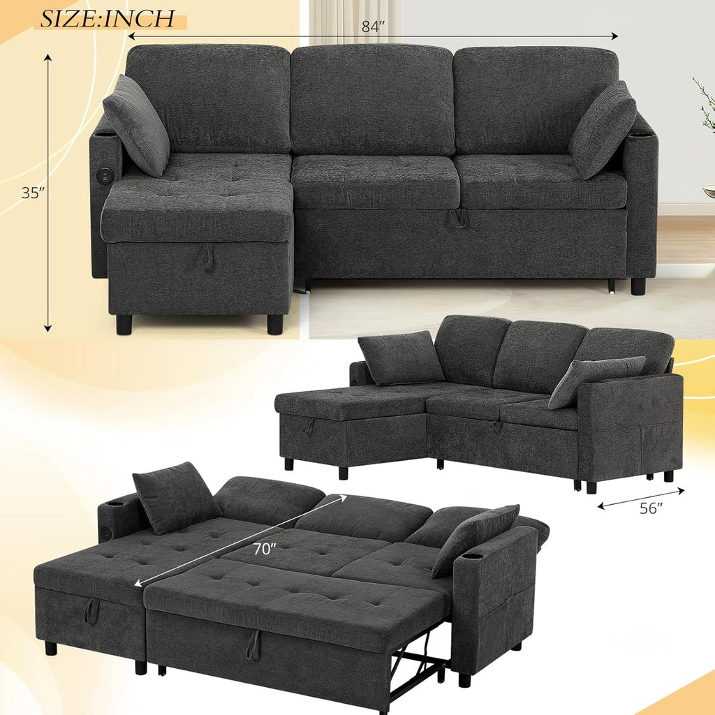 84" L-Shape Pull Out Sofa with 2 Storage Chaise, Fabric Sectional Sleeper Sofa with Adjustable Backrest, Upholstered Reversible Couch Bed with USB Port for Living Room, House, Grey