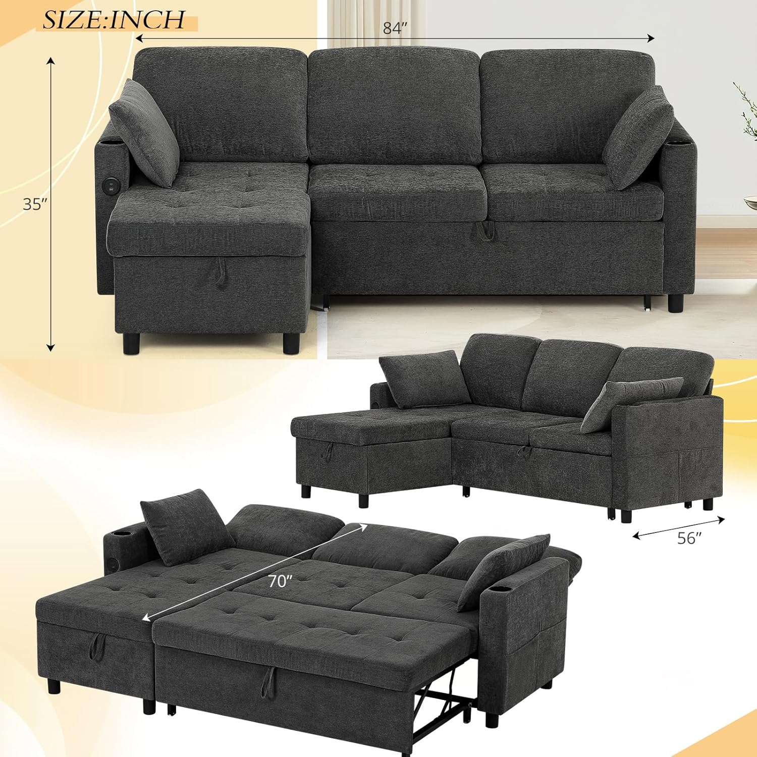 84" L-Shape Pull Out Sofa with 2 Storage Chaise, Fabric Sectional Sleeper Sofa with Adjustable Backrest, Upholstered Reversible Couch Bed with USB Port for Living Room, House, Grey