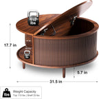 Round Coffee Table, 31.5" Fluted Center Table with Storage, Lift-Top Coffee Table with Adjustable Footpads, Sliding Door, Mid-Century Modern Center Table for Living Room, Small Space (Warm Walnut)
