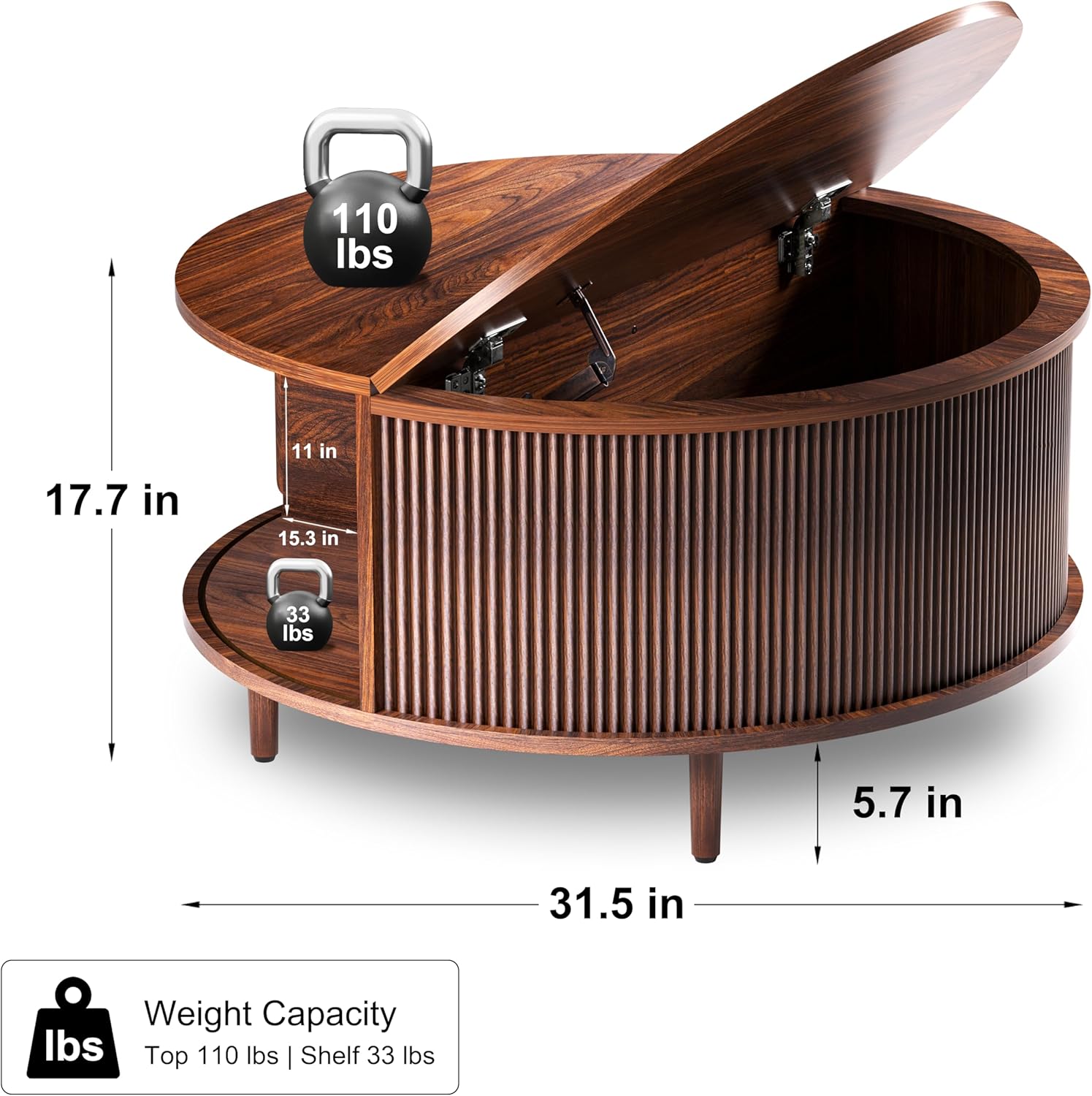 Round Coffee Table, 31.5" Fluted Center Table with Storage, Lift-Top Coffee Table with Adjustable Footpads, Sliding Door, Mid-Century Modern Center Table for Living Room, Small Space (Warm Walnut)