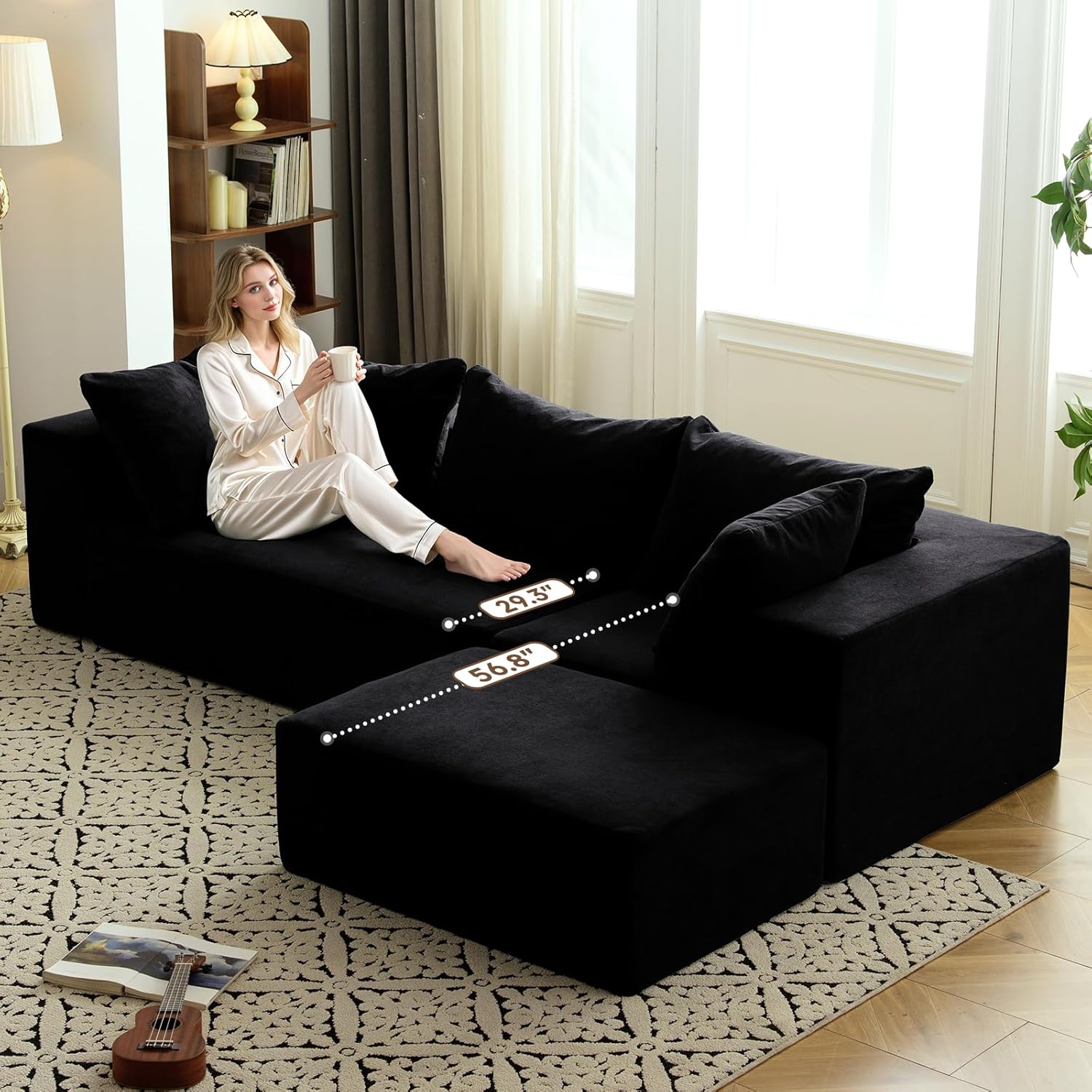 Vamcheer Modular Sectional Sofa - Modern L Shaped Boneless Couch with Deep Seat, Upholstered Sectional Couches for Living Room, Bedroom, Office, No Assembly Required, Black