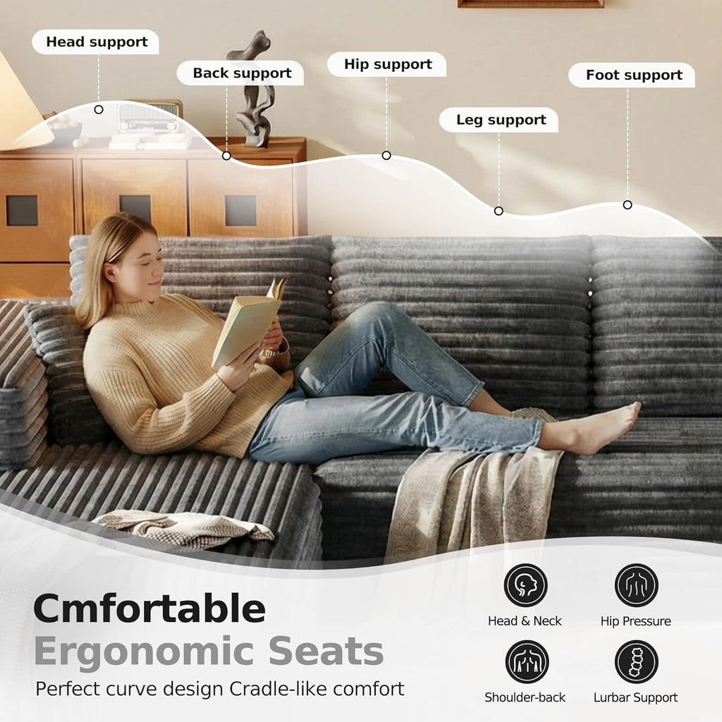 134.6" Modular Sectional Sofa with Deep Seat, Boneless U Shaped Corduroy Couch Modern Comfort, Cloud Couch Oversized for Living Room No Assembly (Gray)