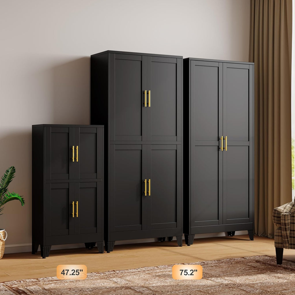 GAIOUS 47.25" Metal Storage Cabinet, Black Kitchen Food Storage with 4 Door and 2 Adjustable Shelves, Freestanding Bathroom Cabinet, Pantry for Kitchen Dinning Room, Cupboard