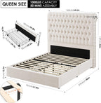 Queen Size Bed Frame 54" Tall Headboard with Gorgeous Button Tufted and Nail, Velvet Fabric Upholstered Bed Frame includes 4 Under-bed Storage Drawers, Wooden Slats, Noise-Free, Easy Assembly, Beige