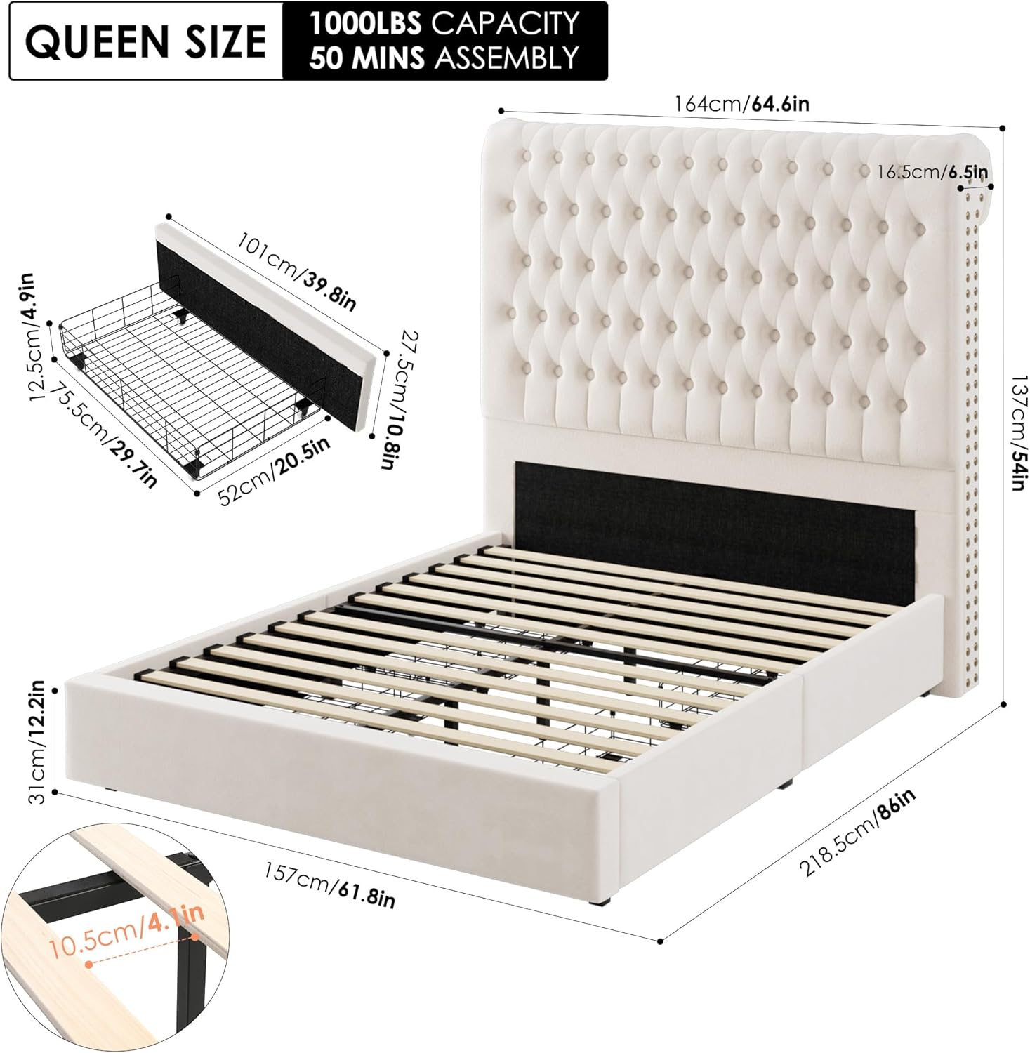 Queen Size Bed Frame 54" Tall Headboard with Gorgeous Button Tufted and Nail, Velvet Fabric Upholstered Bed Frame includes 4 Under-bed Storage Drawers, Wooden Slats, Noise-Free, Easy Assembly, Beige