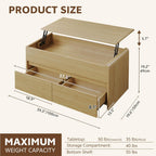 Coffee Table Lift Top with 2 Drawers, 40 Inch Multi-Function Coffee Table with Hidden Compartment, Curved Profile Design, Converts to Home Office Table for Living Room, Natural