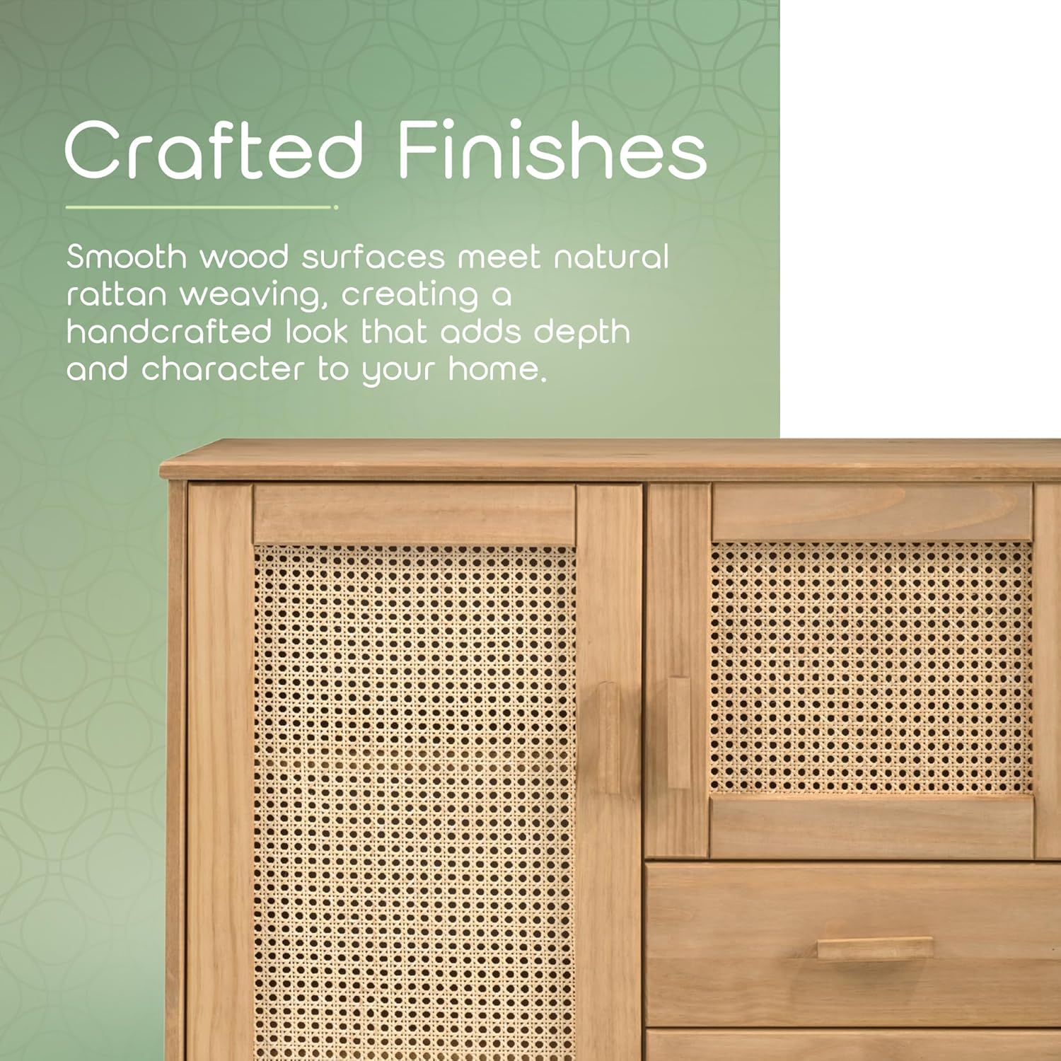 Nature Sideboard with 2 Doors, 3 Drawers & 4 Inner Shelves – Spacious Buffet Cabinet with Woven Rattan Doors – Versatile Storage for Dining or Living Spaces