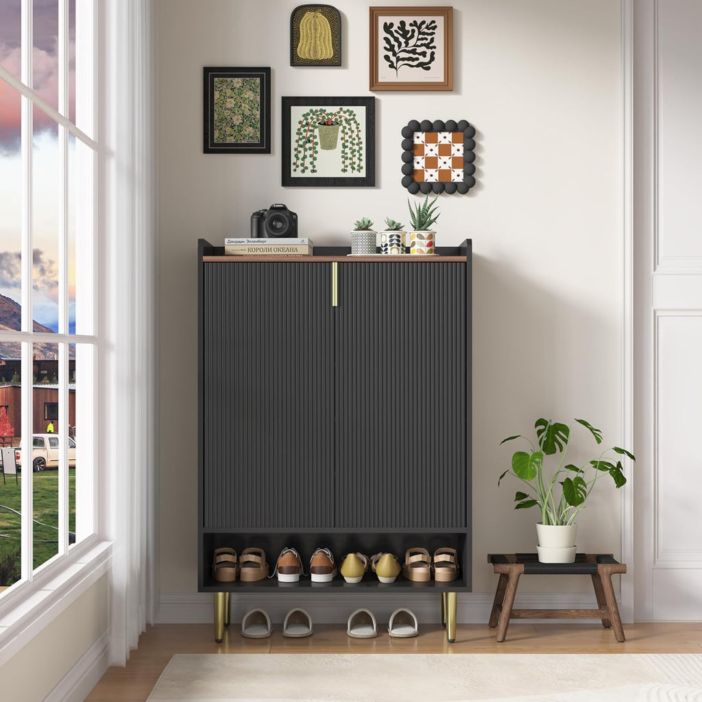 Modern Shoe Storage Cabinet, 7-Tiers Black Shoes Cabinet with Fluted Doors, 45 inch Tall Wooden Shoe Organizer with 4 Adjustable Shelves, Storage Cabinet for Entryway, Hallway, Front Door