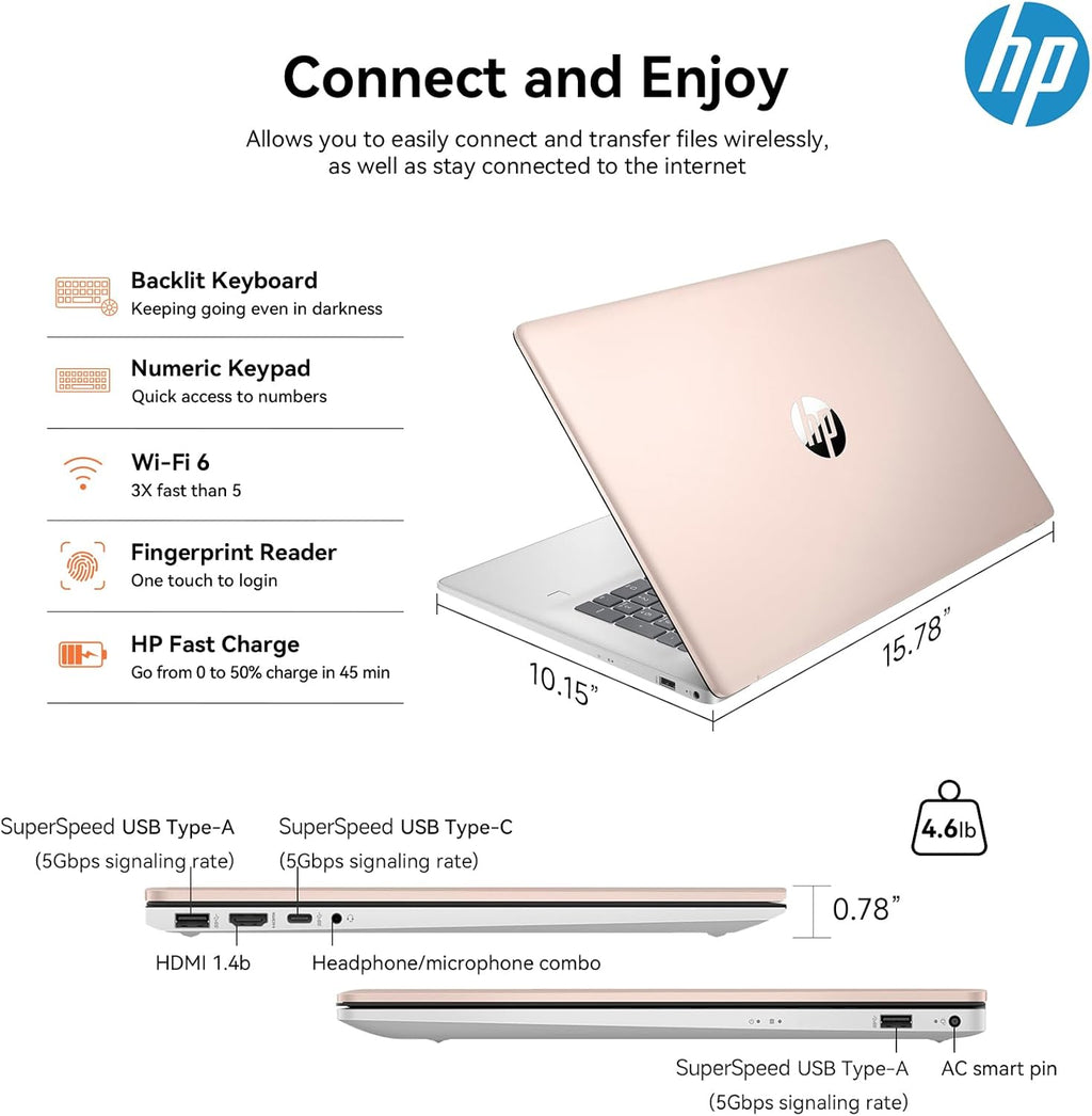 HP 17 Laptop Computer  17.3" HD+ Large Screen Business Laptop PC  13th Gen Intel Core i5 (10-cores)  Windows 11 Pro | Backlit Keyboard | Fingerprint Reader | Rose Gold | 32GB RAM 2TB SSD