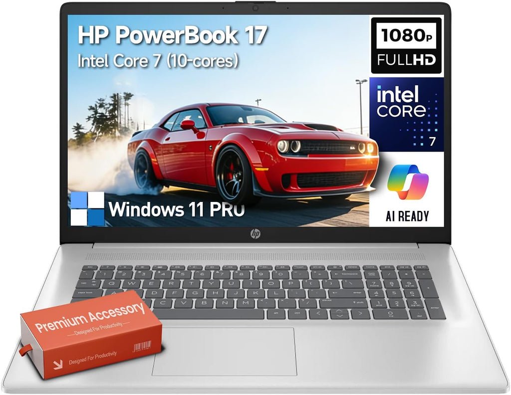 HP 2026 Powerbook 17 Inch Laptop Computer  17.3" FHD IPS Business Laptop PC  Intel Core 7 (10-Cores  Beat 13th Gen Intel Core i7-1355U)  Windows 11 Pro  64GB RAM 2TB SSD | Number Pad|Wi-Fi 6|Silver